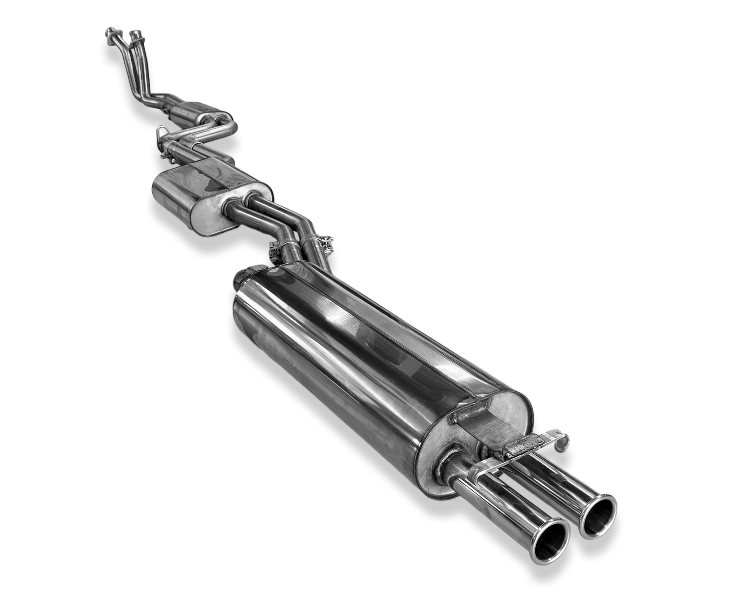 Fox passend fürMercedes W123/S123 - 6 Zylinder Komplettanlage ab Motor, bestehend aus End, Mittel- und Vorschalldämpfer mit Krümmerrohren - 2x50 Typ 12 nach aussen gerollt