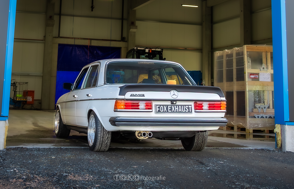 Fox passend fürMercedes W123/S123 - 4 Zylinder Halbanlage ab Kat, bestehend aus End und  Vorschalldämpfer - 2x50 Typ 12R nach aussen gerollt