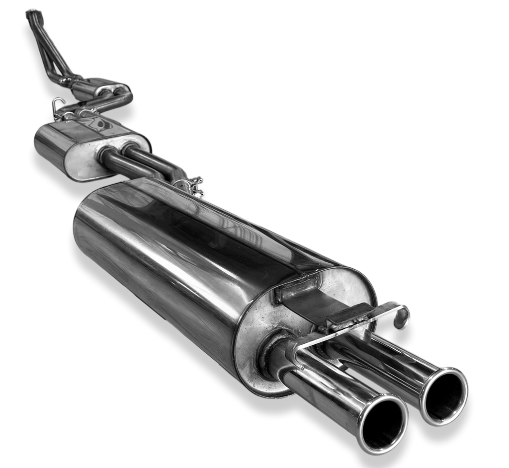 Fox passend fürMercedes W123/S123 - 4 Zylinder Komplettanlage ab Motor, bestehend aus End, Mittel- und Vorschalldämpfer mit Krümmerrohren - 2x50 Typ 12R nach aussen gerollt