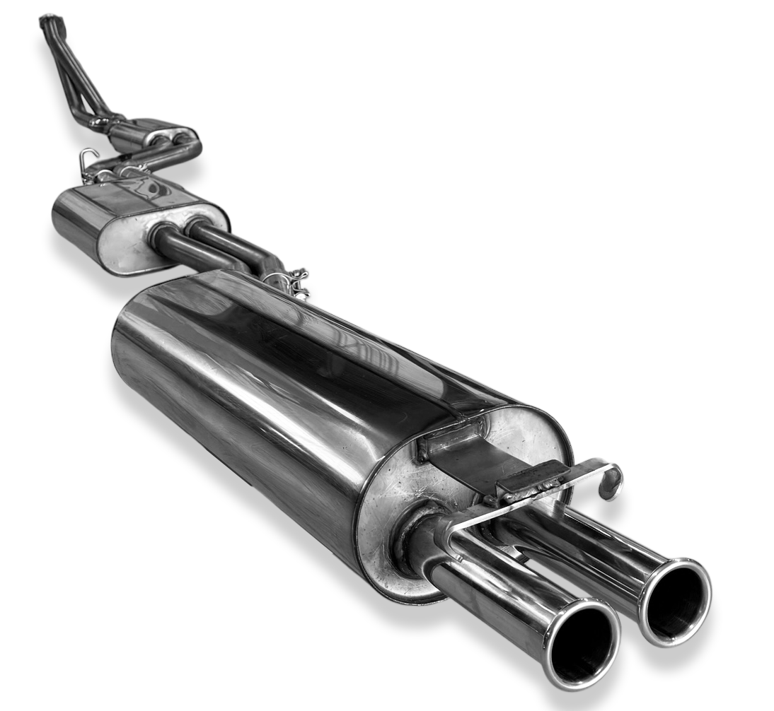 Fox passend fürMercedes W123/S123 - 4 Zylinder Komplettanlage ab Motor, bestehend aus End, Mittel- und Vorschalldämpfer mit Krümmerrohren - 2x50 Typ 12R nach aussen gerollt