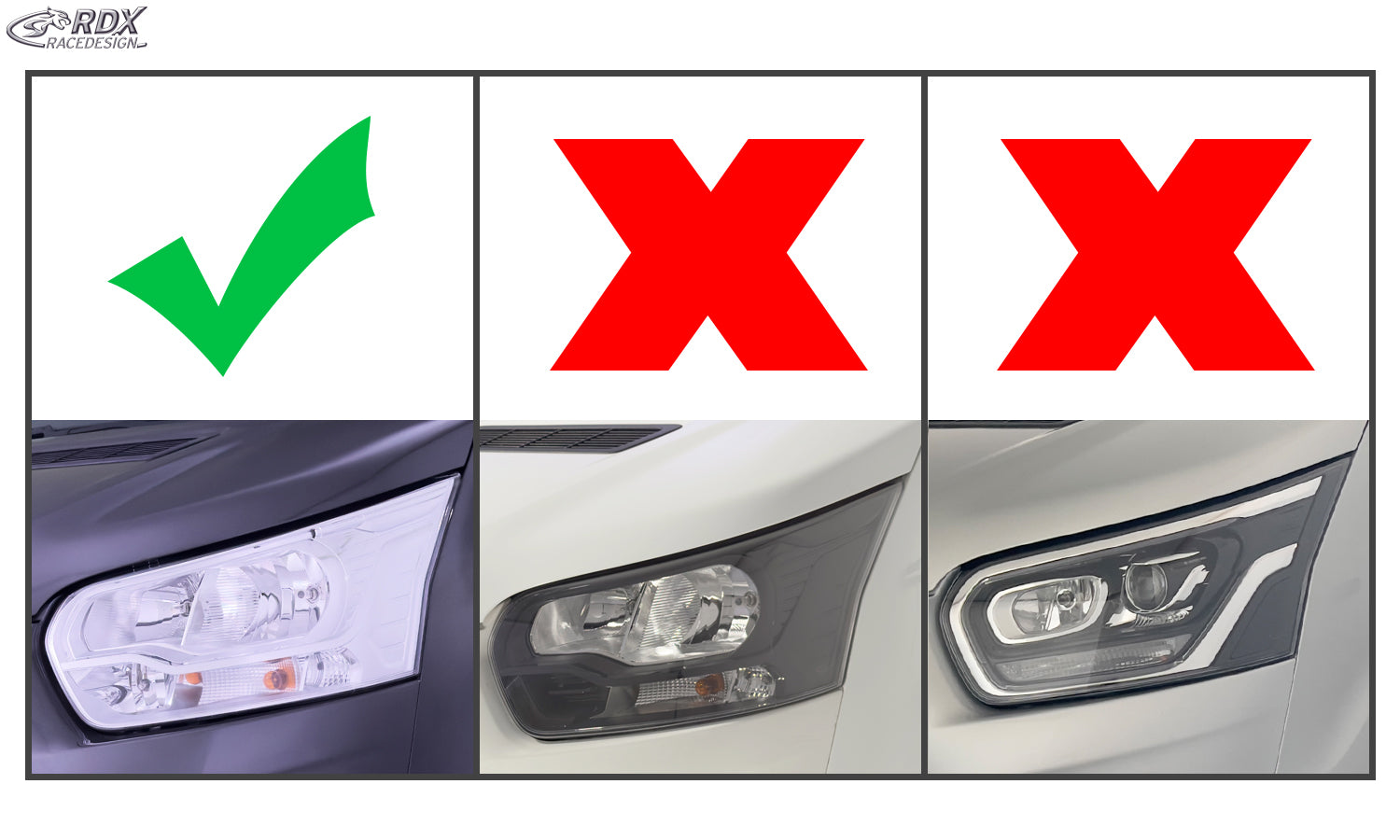 RDX Scheinwerferblenden für FORD Transit (2014-heute) für silberne Halogen-Scheinwerfer schwarz glänzend Böser Blick