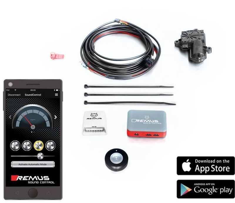 Remus Der REMUS Sound Controller (APP-f&auml;hig), bestehend aus der elektronischer Steuereinheit, dem OBDII-Stecker und der Funkfernbedienung, sowie 