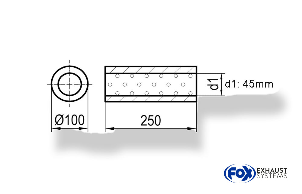 FoxUni-Schalldämpfer rund ohne Stutzen - Abwicklung 314 Ø 100mm, d1Ø 45mm, Länge: 250mm