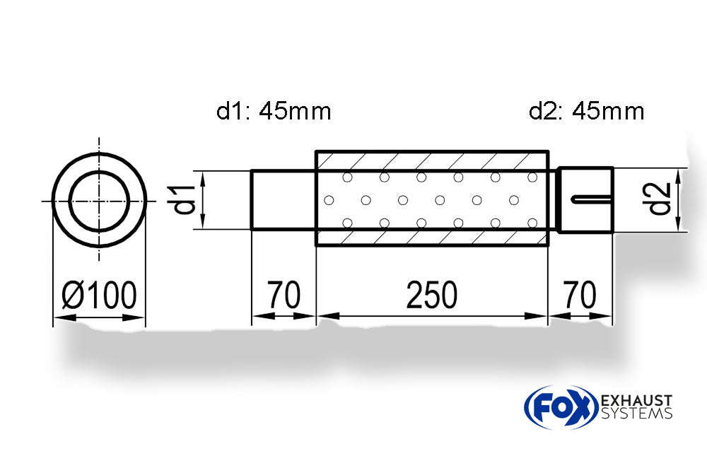 FoxUni-Schalldämpfer rund mit Stutzen - Abwicklung 314 Ø 100mm, d1Ø 45mm  d2Ø 45,5mm, Länge: 250mm