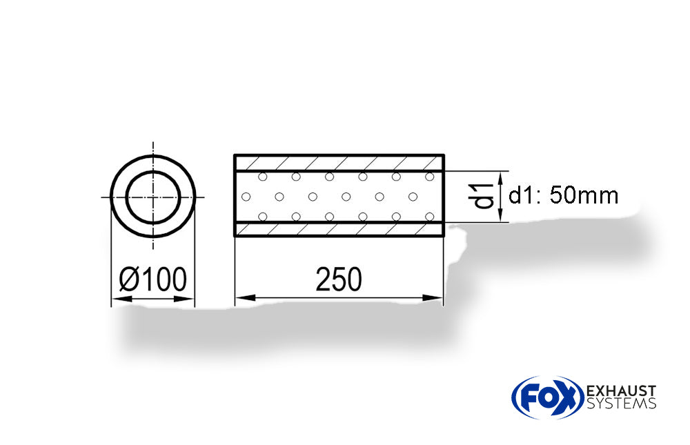 FoxUni-Schalldämpfer rund ohne Stutzen - Abwicklung 314 Ø 100mm, d1Ø 50mm, Länge: 250mm