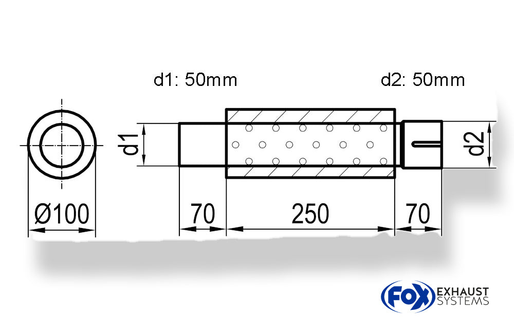 FoxUni-Schalldämpfer rund mit Stutzen - Abwicklung 314 Ø 100mm, d1Ø 50mm  d2Ø 50,5mm, Länge: 250mm