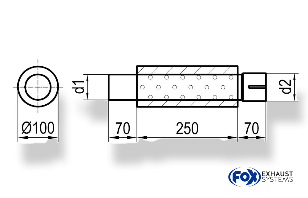 FoxUni-Schalldämpfer rund mit Stutzen - Abwicklung 314 Ø 100mm, d1Ø 55mm  d2Ø 55,5mm, Länge: 250mm