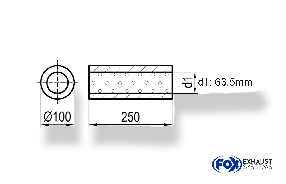 FoxUni-Schalldämpfer rund ohne Stutzen - Abwicklung 314 Ø 100mm, d1Ø 63,5mm, Länge: 250mm