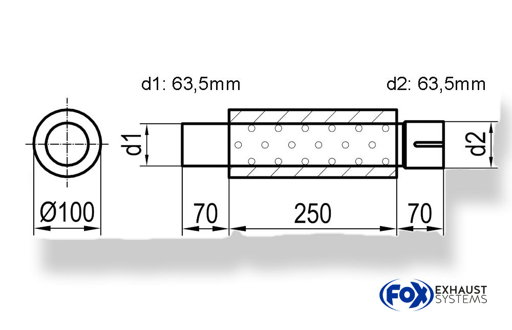 FoxUni-Schalldämpfer rund mit Stutzen - Abwicklung 314 Ø 100mm, d1Ø 63,5mm  d2Ø 64mm, Länge: 250mm