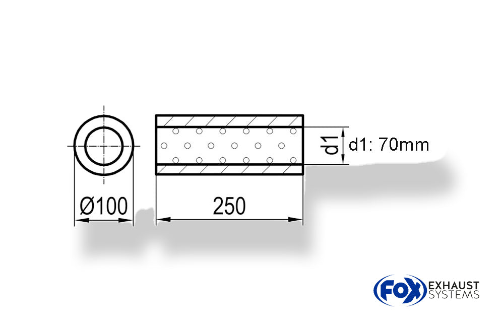FoxUni-Schalldämpfer rund ohne Stutzen - Abwicklung 314 Ø 100mm, d1Ø 70mm, Länge: 250mm