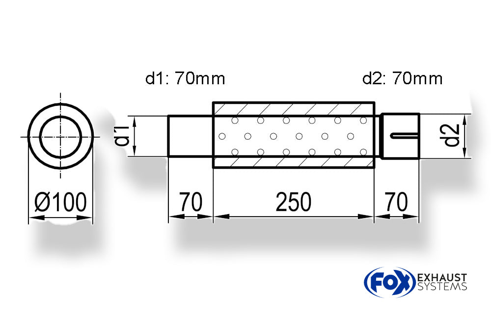 FoxUni-Schalldämpfer rund mit Stutzen - Abwicklung 314 Ø 100mm, d1Ø 70mm  d2Ø 70,5mm, Länge: 250mm