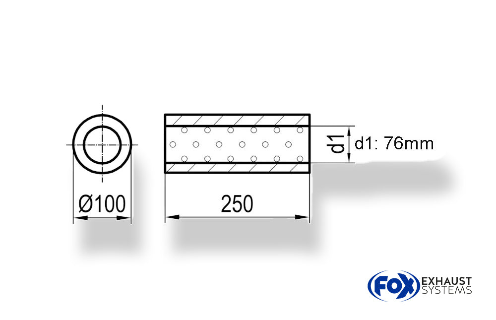 FoxUni-Schalldämpfer rund ohne Stutzen - Abwicklung 314 Ø 100mm, d1Ø 76mm, Länge: 250mm