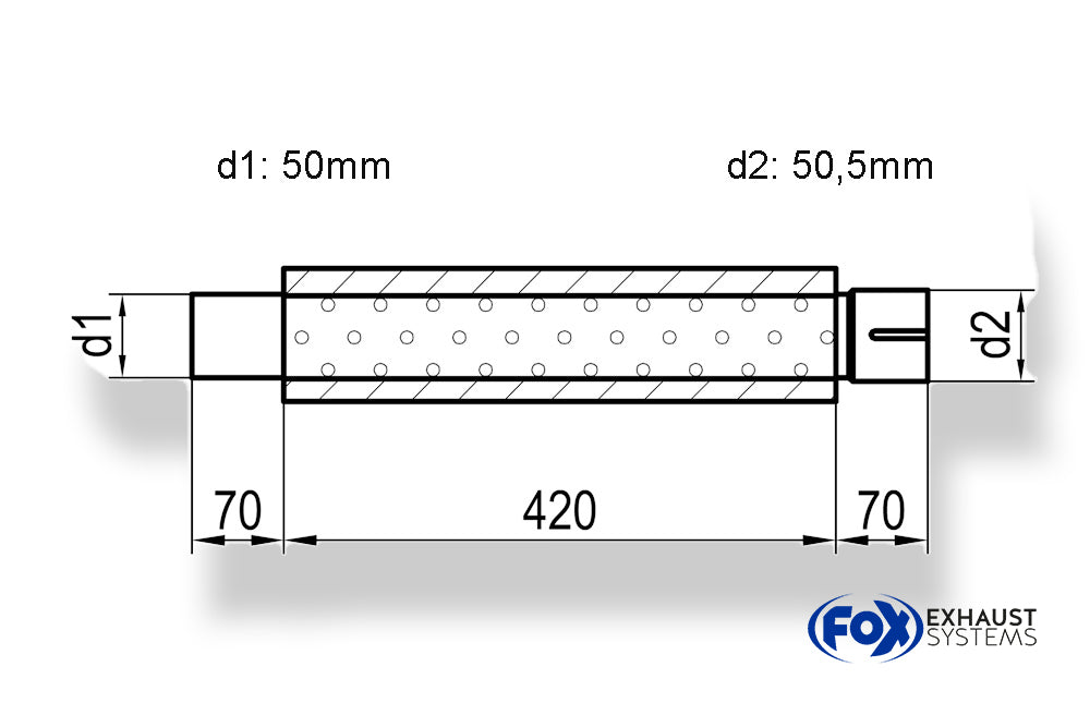Fox Uni-Schalldämpfer rund mit Stutzen - Abwicklung 314 Ø 100mm, d1Ø 50mm  d2Ø 50,5mm, Länge: 420mm