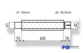 Fox Uni-Schalldämpfer rund mit Stutzen - Abwicklung 314 Ø 100mm, d1Ø 55mm  d2Ø 55,5mm, Länge: 420mm