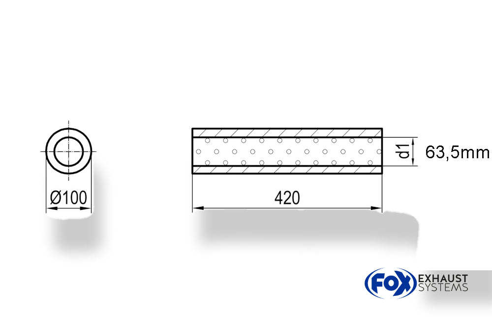Fox Uni-Schalldämpfer rund ohne Stutzen - Abwicklung 314 Ø 100mm, d1Ø 63,5mm, Länge: 420mm