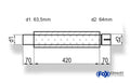 Fox Uni-Schalldämpfer rund mit Stutzen - Abwicklung 314 Ø 100mm, d1Ø 63,5mm  d2Ø 64mm, Länge: 420mm