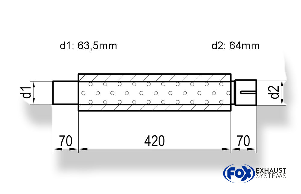 Fox Uni-Schalldämpfer rund mit Stutzen - Abwicklung 314 Ø 100mm, d1Ø 63,5mm  d2Ø 64mm, Länge: 420mm