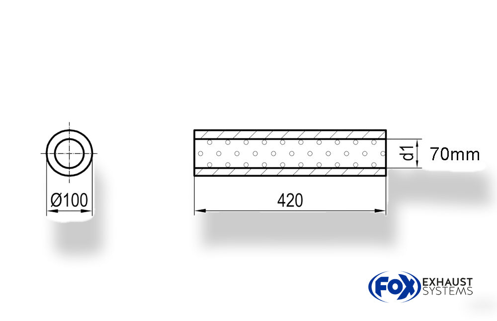 FoxUni-Schalldämpfer rund ohne Stutzen - Abwicklung 314 Ø 100mm, d1Ø 70mm, Länge: 420mm