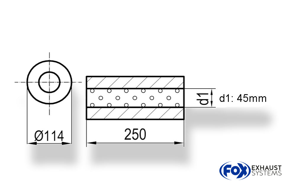 FoxUni-Schalldämpfer rund ohne Stutzen - Abwicklung 355 Ø 114mm, d1Ø 45mm, Länge: 250mm