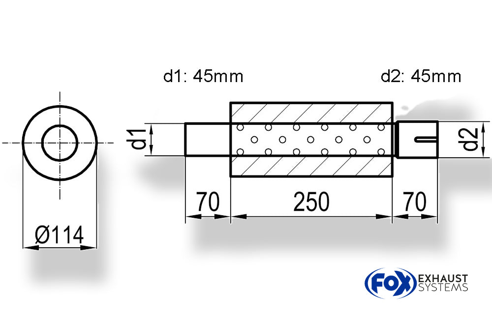 FoxUni-Schalldämpfer rund mit Stutzen - Abwicklung 355 Ø 114mm, d1Ø 45mm  d2Ø 45,5mm, Länge: 250mm