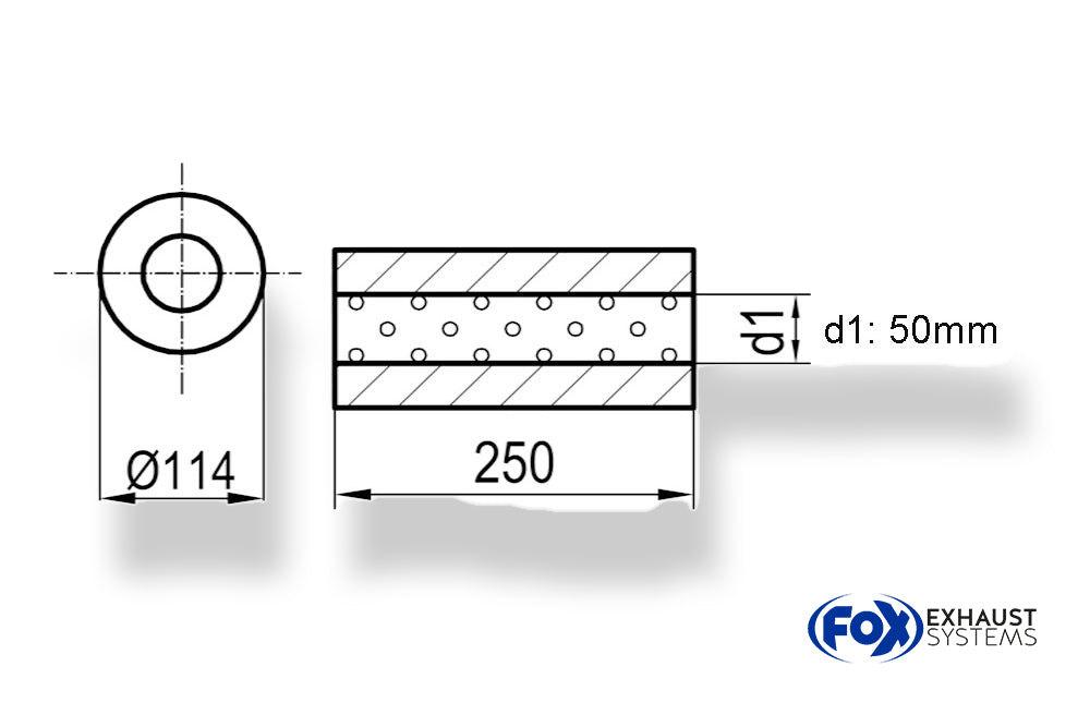 FoxUni-Schalldämpfer rund ohne Stutzen - Abwicklung 355 Ø 114mm, d1Ø 50mm, Länge: 250mm