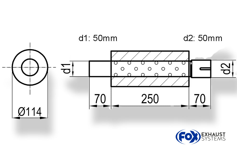 FoxUni-Schalldämpfer rund mit Stutzen - Abwicklung 355 Ø 114mm, d1Ø 50mm  d2Ø 50,5mm, Länge: 250mm