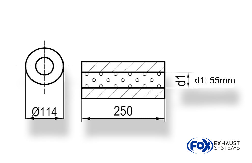 FoxUni-Schalldämpfer rund ohne Stutzen - Abwicklung 355 Ø 114mm, d1Ø 55mm, Länge: 250mm