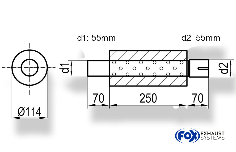 FoxUni-Schalldämpfer rund mit Stutzen - Abwicklung 355 Ø 114mm, d1Ø 55mm  d2Ø 55,5mm, Länge: 250mm