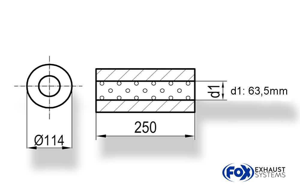 FoxUni-Schalldämpfer rund ohne Stutzen - Abwicklung 355 Ø 114mm, d1Ø 63,5mm, Länge: 250mm