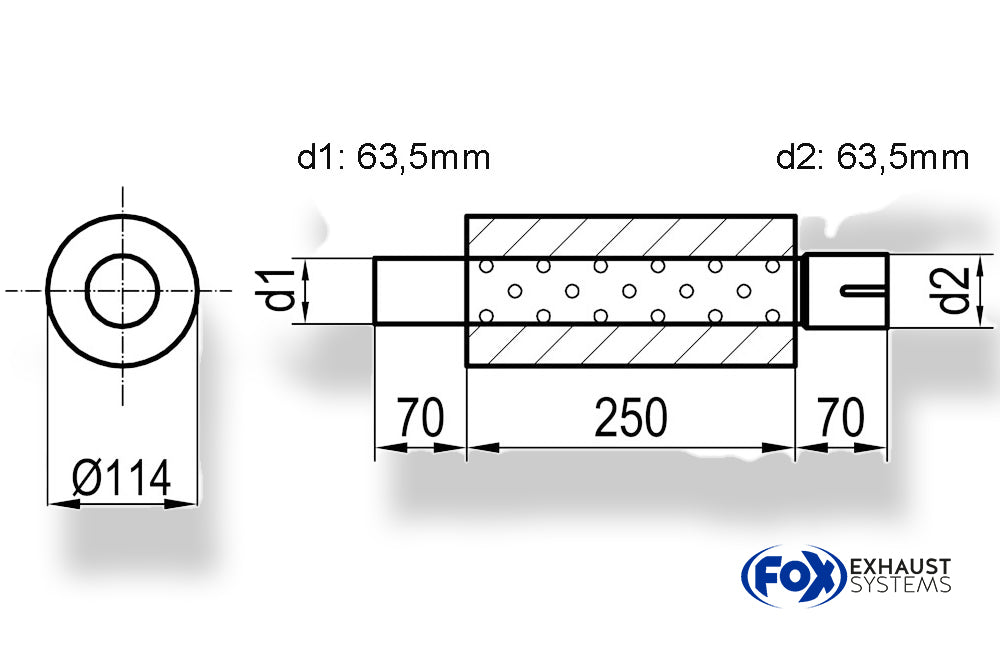 FoxUni-Schalldämpfer rund mit Stutzen - Abwicklung 355 Ø 114mm, d1Ø 63,5mm  d2Ø 64mm, Länge: 250mm
