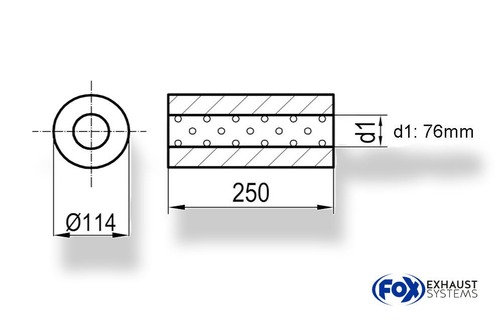 FoxUni-Schalldämpfer rund ohne Stutzen - Abwicklung 355 Ø 114mm, d1Ø 76mm, Länge: 250mm
