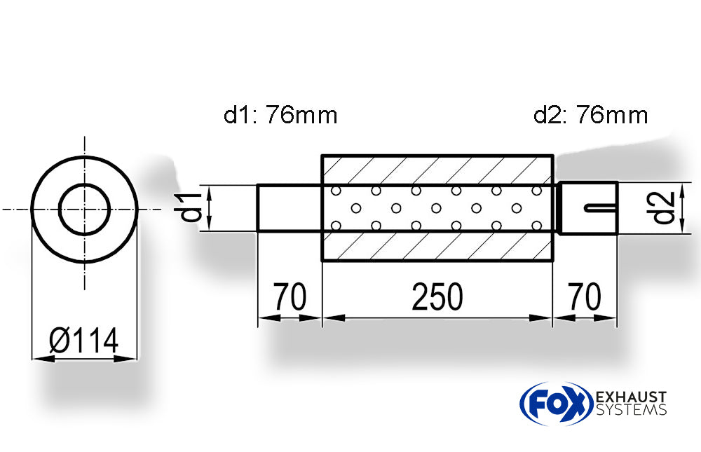 FoxUni-Schalldämpfer rund mit Stutzen - Abwicklung 355 Ø 114mm, d1Ø 76mm  d2Ø 76,5mm, Länge: 250mm