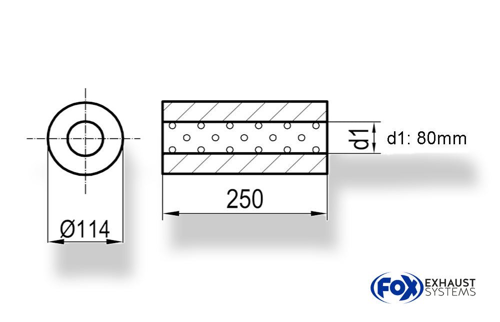 FoxUni-Schalldämpfer rund ohne Stutzen - Abwicklung 355 Ø 114mm, d1Ø 80mm, Länge: 250mm