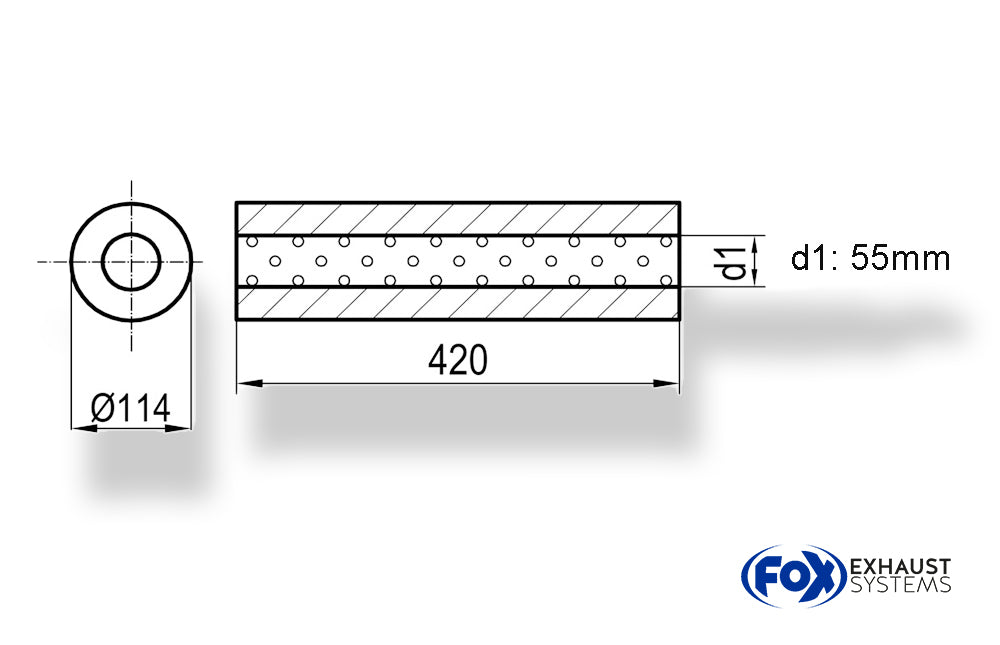 FoxUni-Schalldämpfer rund ohne Stutzen - Abwicklung 355 Ø 114mm, d1Ø 55mm, Länge: 420mm