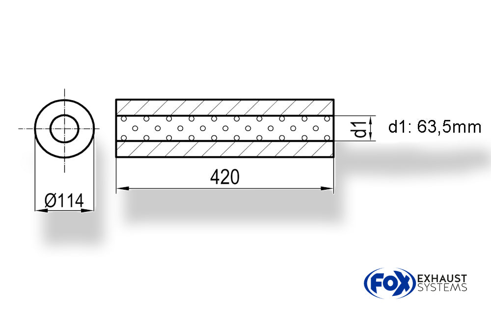 FoxUni-Schalldämpfer rund ohne Stutzen - Abwicklung 355 Ø 114mm, d1Ø 63,5mm, Länge: 420mm