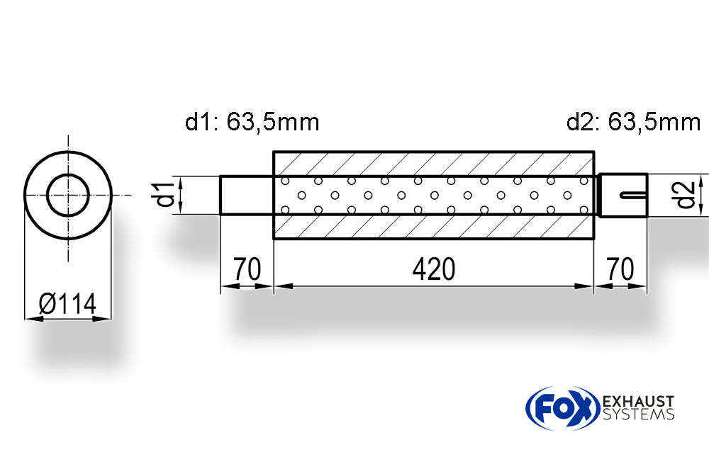 FoxUni-Schalldämpfer rund mit Stutzen - Abwicklung 355 Ø 114mm, d1Ø 63,5mm  d2Ø 64mm, Länge: 420mm