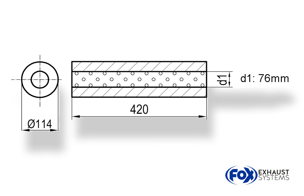 FoxUni-Schalldämpfer rund ohne Stutzen - Abwicklung 355 Ø 114mm, d1Ø 76mm, Länge: 420mm