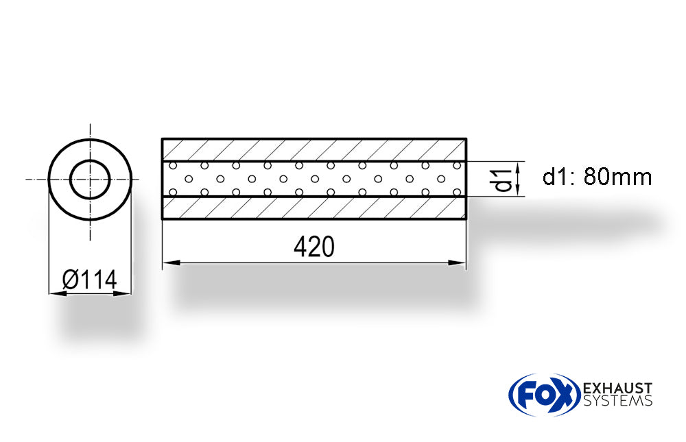 FoxUni-Schalldämpfer rund ohne Stutzen - Abwicklung 355 Ø 114mm, d1Ø 88,9mm, Länge: 420mm