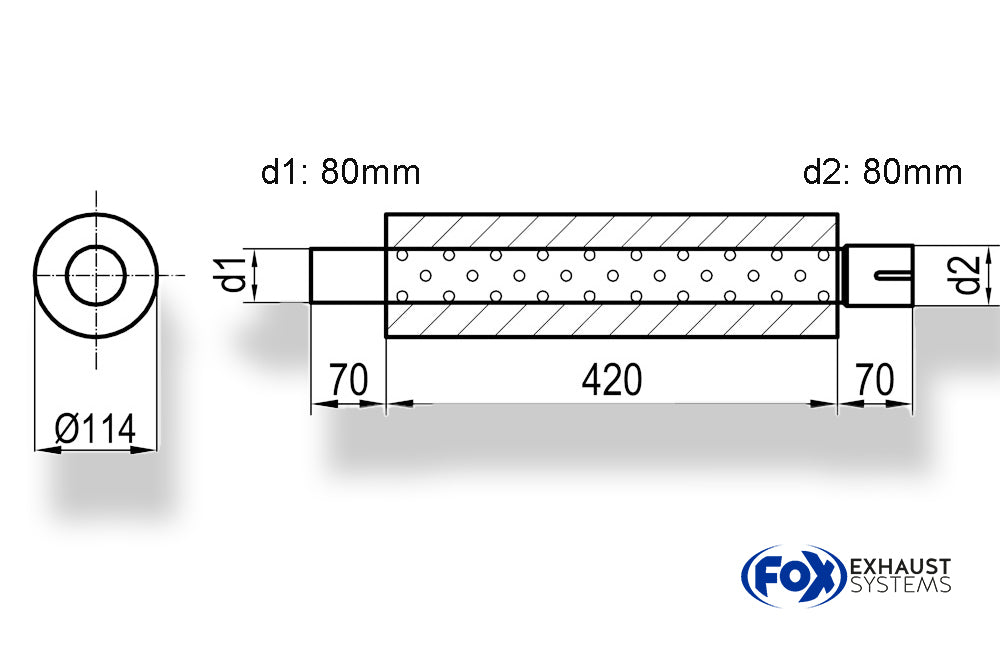 FoxUni-Schalldämpfer rund mit Stutzen - Abwicklung 355 Ø 114mm, d1Ø 88,9mm  d2Ø 89,4mm, Länge: 420mm
