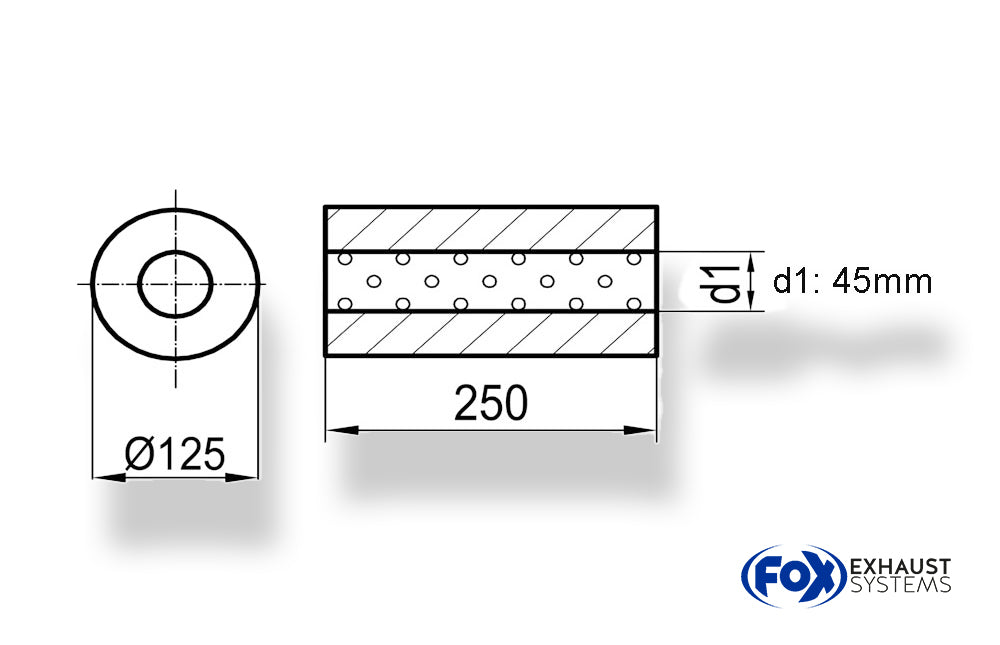FoxUni-Schalldämpfer rund ohne Stutzen - Abwicklung 390 Ø 125mm, d1Ø 45mm, Länge: 250mm