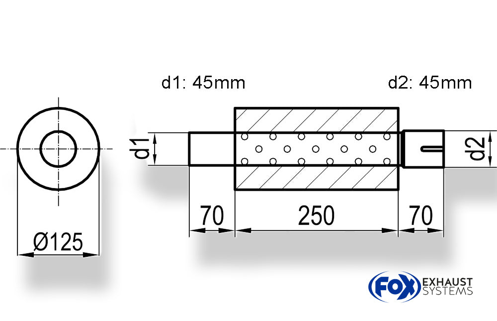 FoxUni-Schalldämpfer rund mit Stutzen - Abwicklung 390 Ø 125mm, d1Ø 45mm  d2Ø 45,5mm, Länge: 250mm