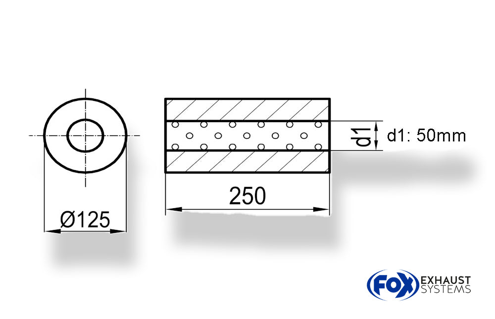 FoxUni-Schalldämpfer rund ohne Stutzen - Abwicklung 390 Ø 125mm, d1Ø 50mm, Länge: 250mm