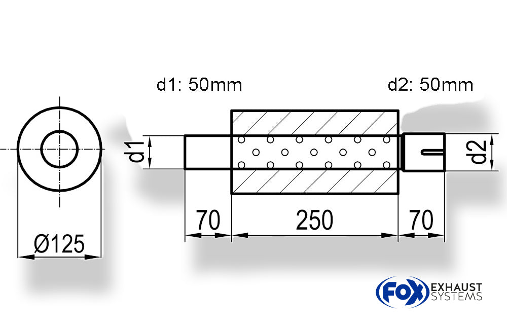 FoxUni-Schalldämpfer rund mit Stutzen - Abwicklung 390 Ø 125mm, d1Ø 50mm  d2Ø 50,5mm, Länge: 250mm