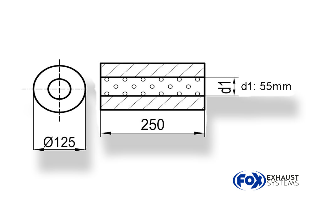 FoxUni-Schalldämpfer rund ohne Stutzen - Abwicklung 390 Ø 125mm, d1Ø 55mm, Länge: 250mm