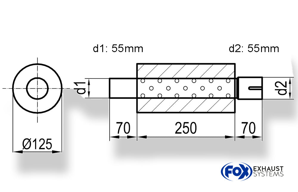 FoxUni-Schalldämpfer rund mit Stutzen - Abwicklung 390 Ø 125mm, d1Ø 55mm  d2Ø 55,5mm, Länge: 250mm