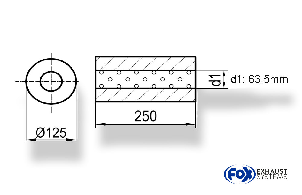 FoxUni-Schalldämpfer rund ohne Stutzen - Abwicklung 390 Ø 125mm, d1Ø 63,5mm, Länge: 250mm
