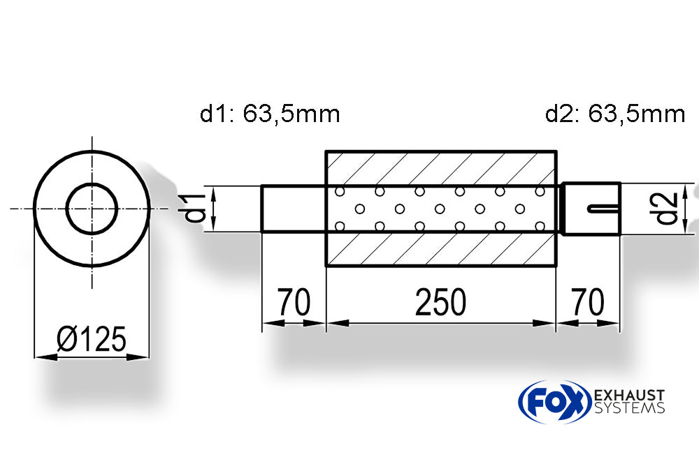 FoxUni-Schalldämpfer rund mit Stutzen - Abwicklung 390 Ø 125mm, d1Ø 63,5mm  d2Ø 64mm, Länge: 250mm