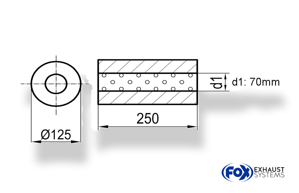 FoxUni-Schalldämpfer rund ohne Stutzen - Abwicklung 390 Ø 125mm, d1Ø 70mm, Länge: 250mm