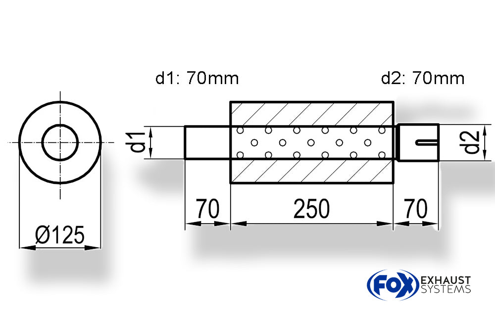 FoxUni-Schalldämpfer rund mit Stutzen - Abwicklung 390 Ø 125mm, d1Ø 70mm  d2Ø 70,5mm, Länge: 250mm