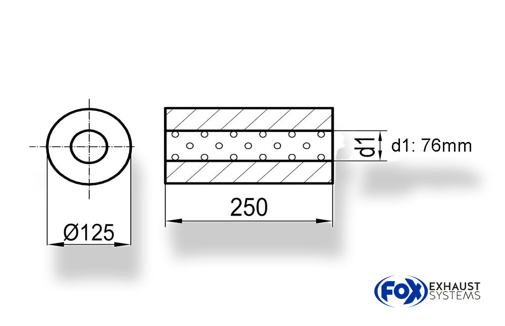 FoxUni-Schalldämpfer rund ohne Stutzen - Abwicklung 390 Ø 125mm, d1Ø 76mm, Länge: 250mm